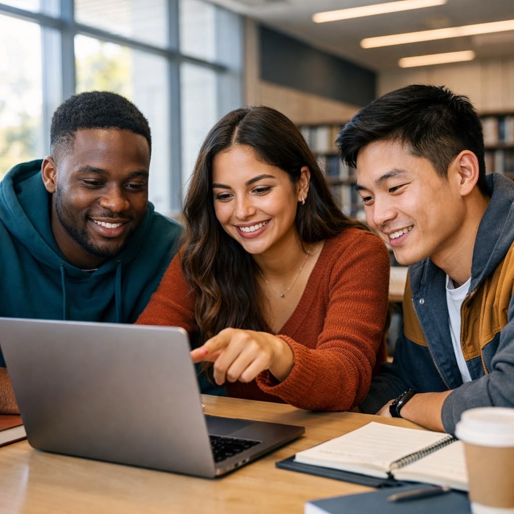 Trois étudiants diversifiés regardant un laptop ensemble en bibliothèque